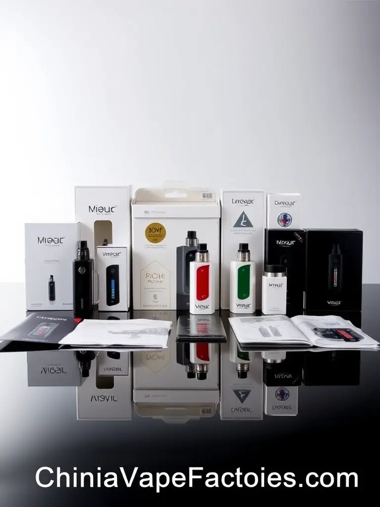 A professional studio shot displaying various OEM/ODM vape products, including custom-branded devices and packaging, demonstrating the manufacturing capabilities available through ChinaVapeFactories.com.