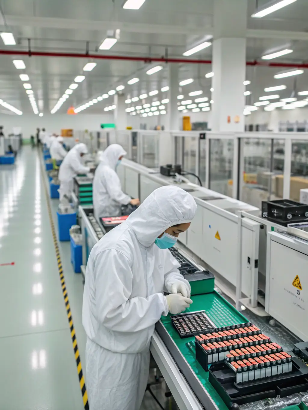 A close-up shot of various vape components being assembled on a high-tech production line in a Chinese factory, emphasizing precision and efficiency.