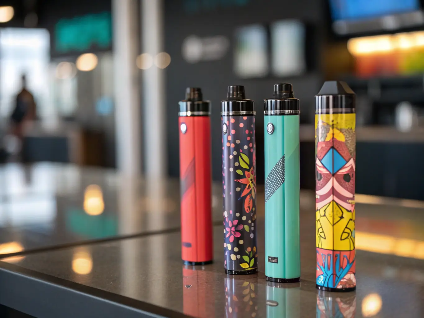 A high-quality image showcasing a variety of colorful disposable vapes, highlighting different flavors and sleek designs. The background is a modern, minimalist setting.