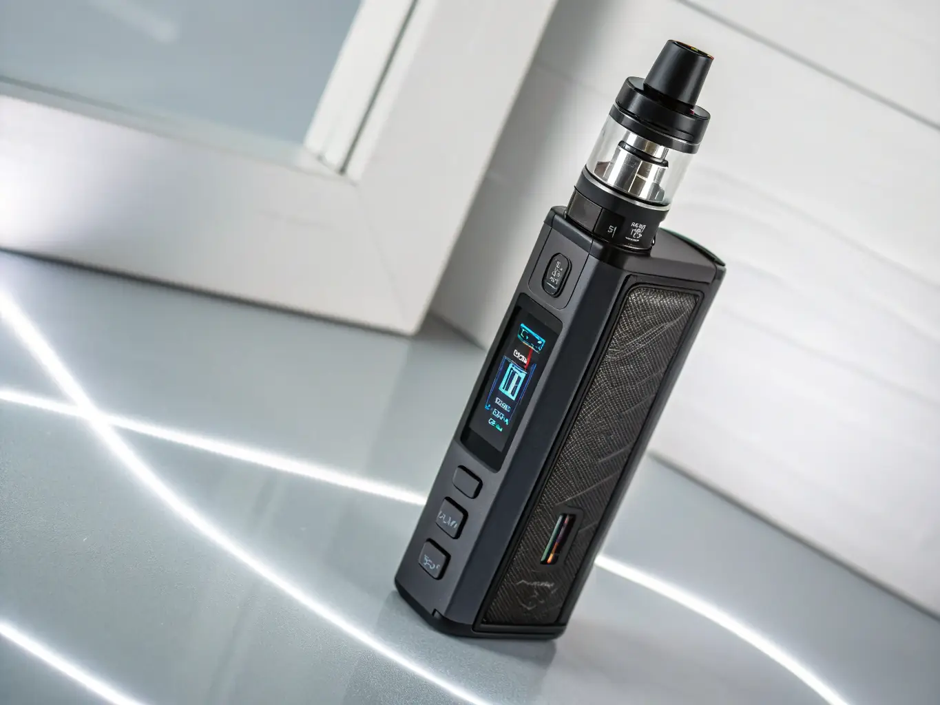 A close-up shot of a sophisticated pod system vape device, highlighting its sleek design and advanced features, emphasizing the innovation in Chinese vape technology.