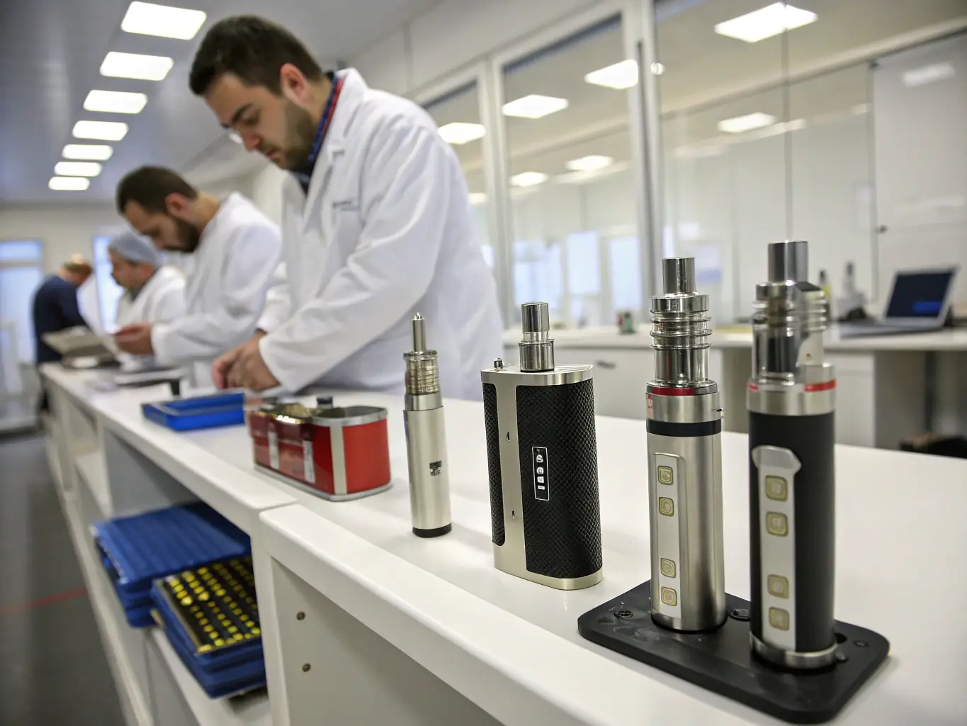 A CNAS-certified lab in China, with technicians conducting rigorous testing on vape products, highlighting the commitment to meeting FDA standards and ensuring product safety.