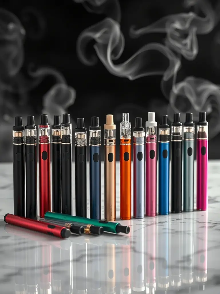 A high-resolution photograph showcasing a variety of custom-designed disposable vapes with unique branding, highlighting the OEM/ODM capabilities of China Vape Factories. The vapes should be arranged artfully on a clean, modern surface.