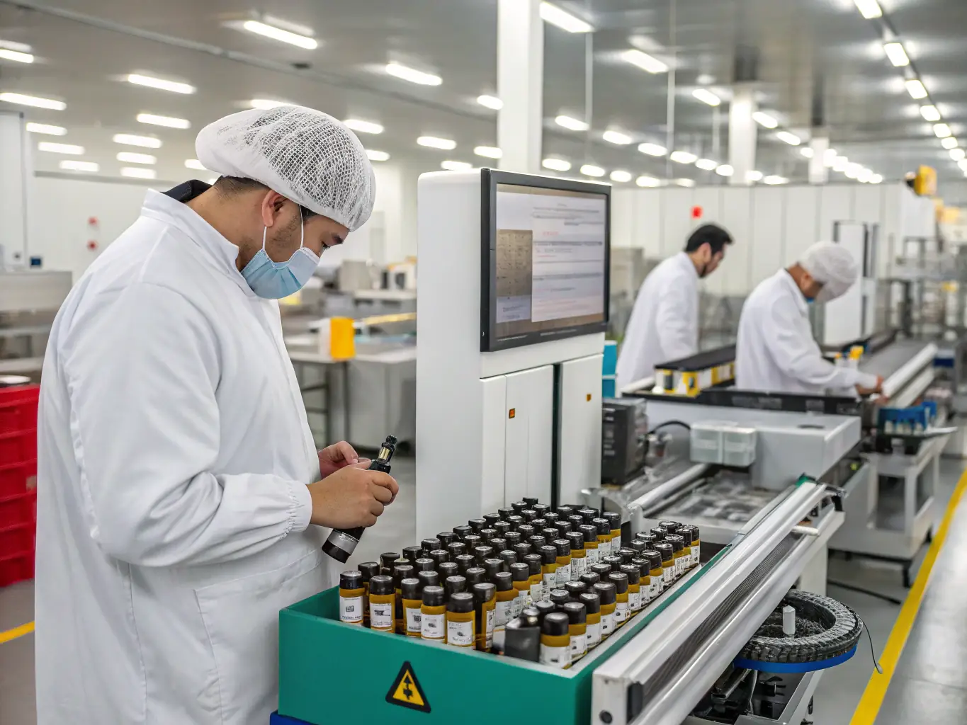A laboratory setting in a CNAS-certified facility in China, with scientists testing vape products for compliance with FDA standards, emphasizing the commitment to quality and safety.