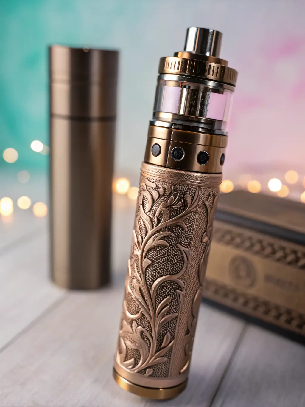 A close-up shot of a Vaporesso vape device, highlighting its sleek design and user-friendly interface. The image should emphasize the brand's commitment to quality and aesthetics.